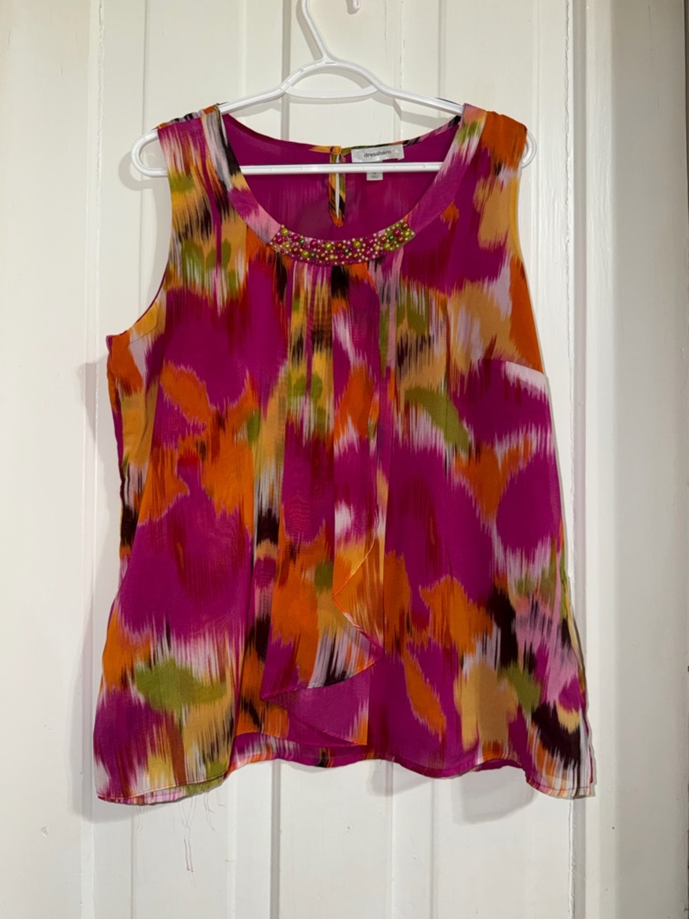 Women's XL tank top dressbarn Fuchsia Multi-Color Beaded Neck Sleeveless Top
